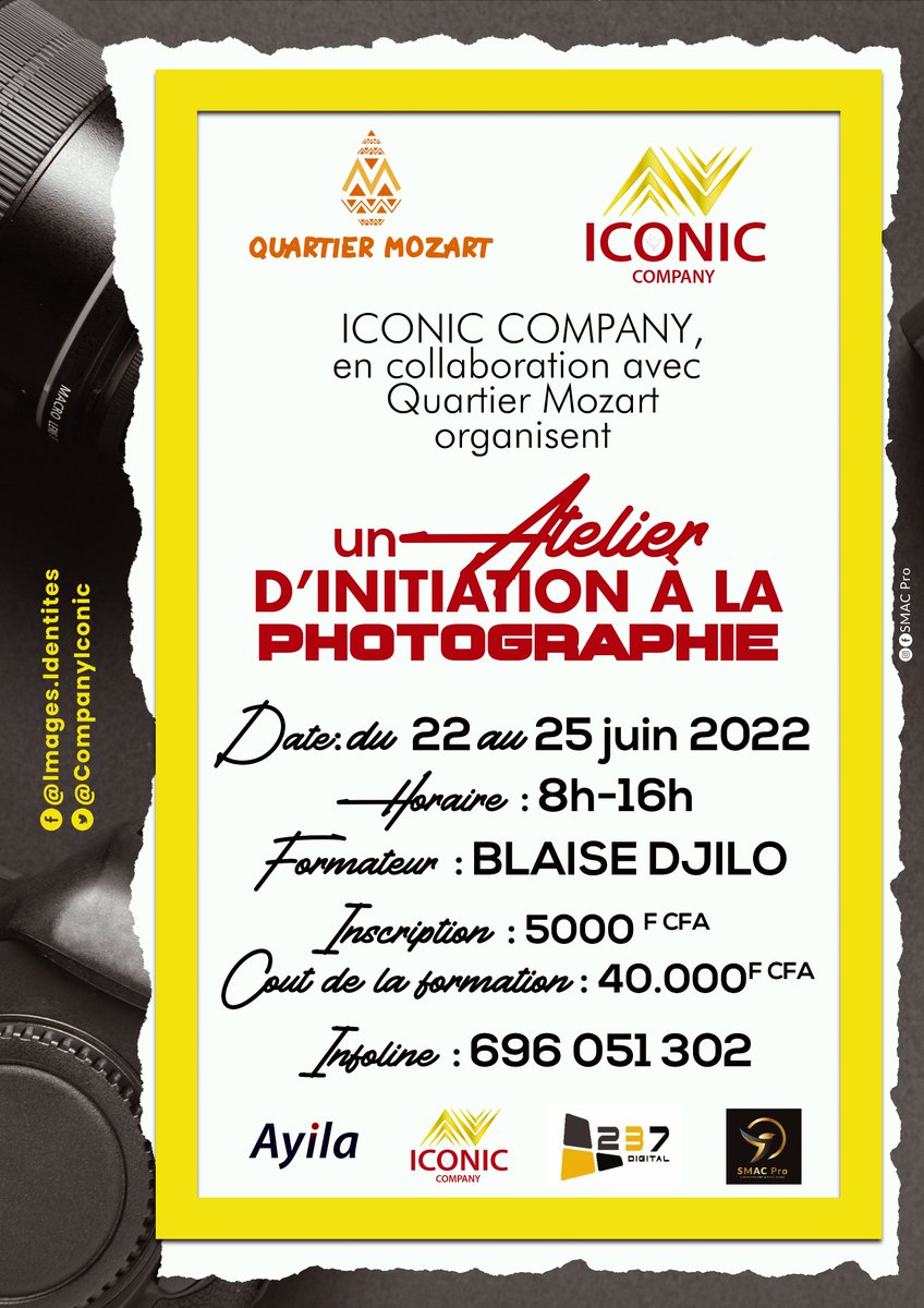 CompanyIconic's tweet photo. Du 22 au 25 Juin 2022 venez profitez de l'immense expérience du photographe Blaise Djilo au cours d'un atelier d'initiation à Photographie au Quartier Mozart.
Si vous aimez la photographie, voici l'occasion en or d'en apprendre quelques contours !
#TT237 #Cameroon https://t.co/O22CB9xSDm