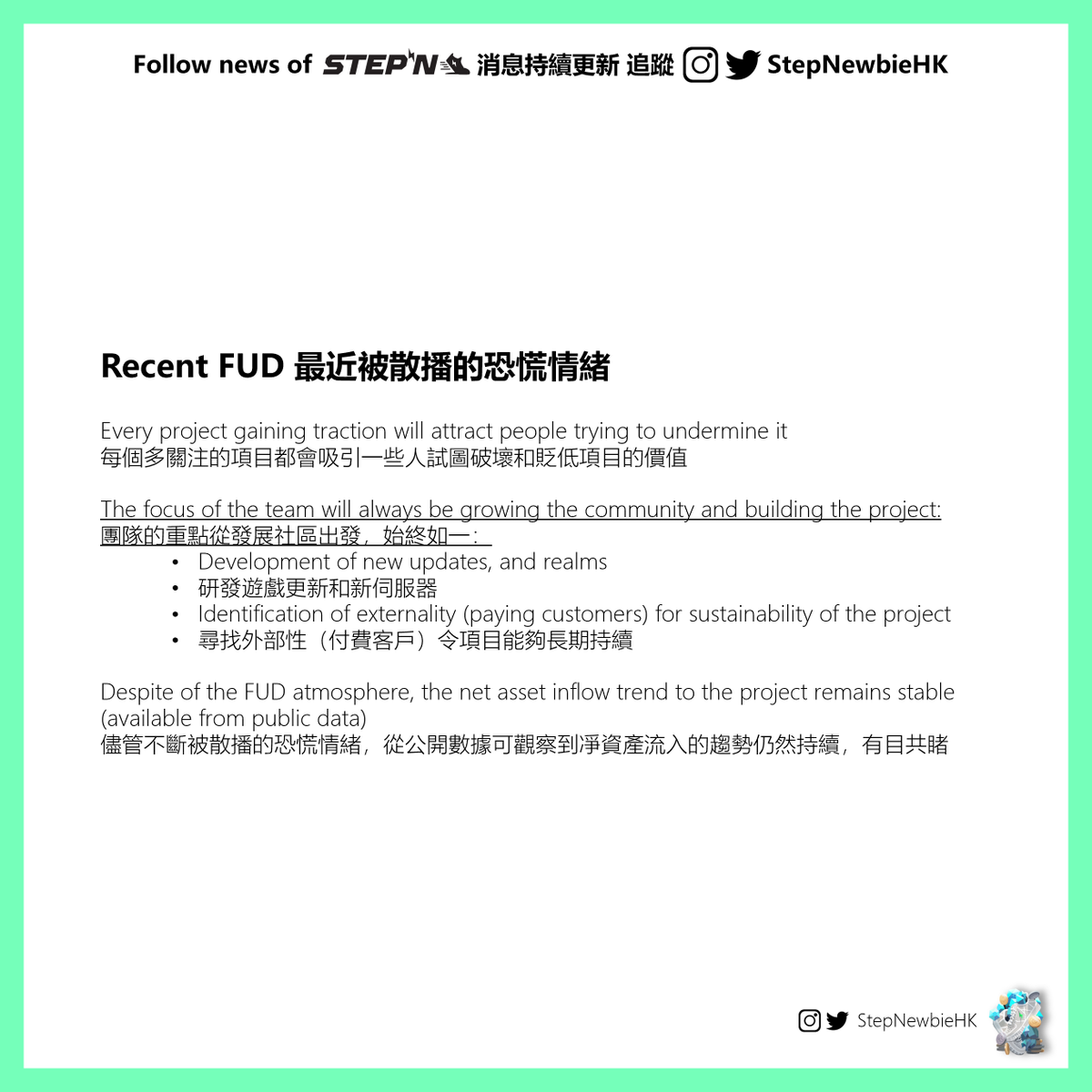 StepNewbieHK's tweet photo. Summary of @Stepnofficial Weekly AMA on 28/05 featuring co-founders @yawn_rong, @Jerry10240 and ambassador @Barndog_Solana discussing about recent FUD, realm system and more!
Please like and retweet for more reach!
1/2 https://t.co/FVgzlTb76Y