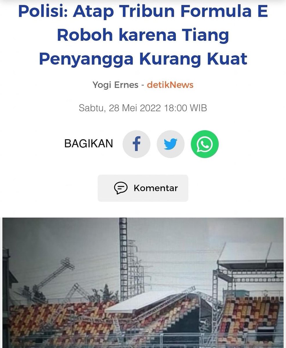 GunRomli's tweet photo. Ternyata AMBROL bukan krn angin tapi krn kebodohan, kecerobohan &amp; kesombongan. BAHAYA kalau sampai bawa korban. 

Polisi: Atap Tribun Formula E Roboh karena Tiang Penyangga Kurang Kuat https://t.co/j3SRy4Uw1K https://t.co/dpU0zTq6cl