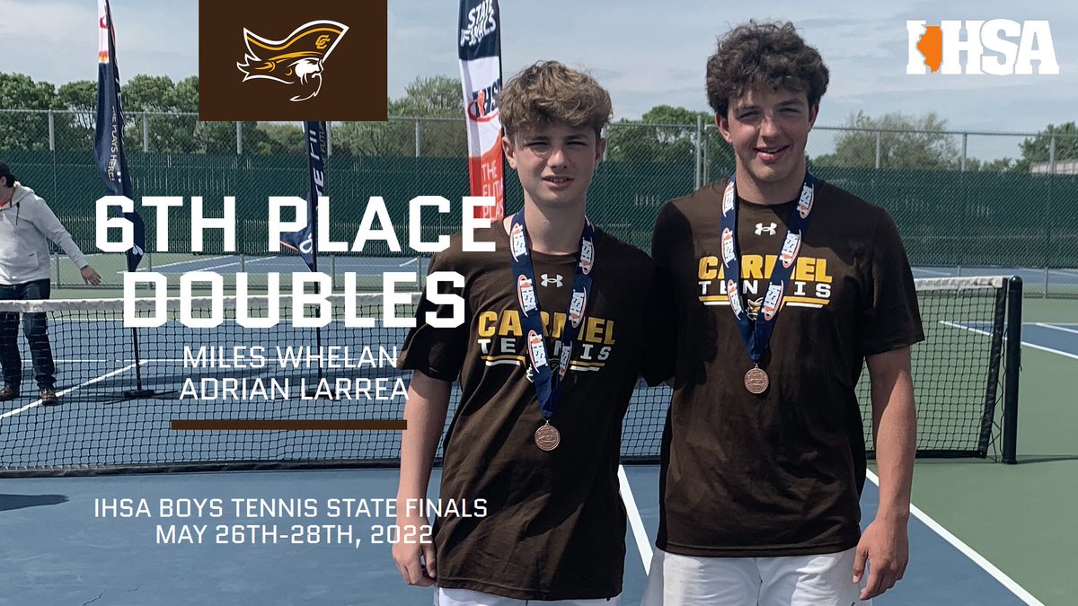 Following three days of tournament play, the Carmel Catholic doubles duo of Miles Whelan and Adrian Larrea claim 6th place at the 2022 IHSA Boys Tennis State Finals! Congratulations to Coach Borkowski and our Corsairs medalists!