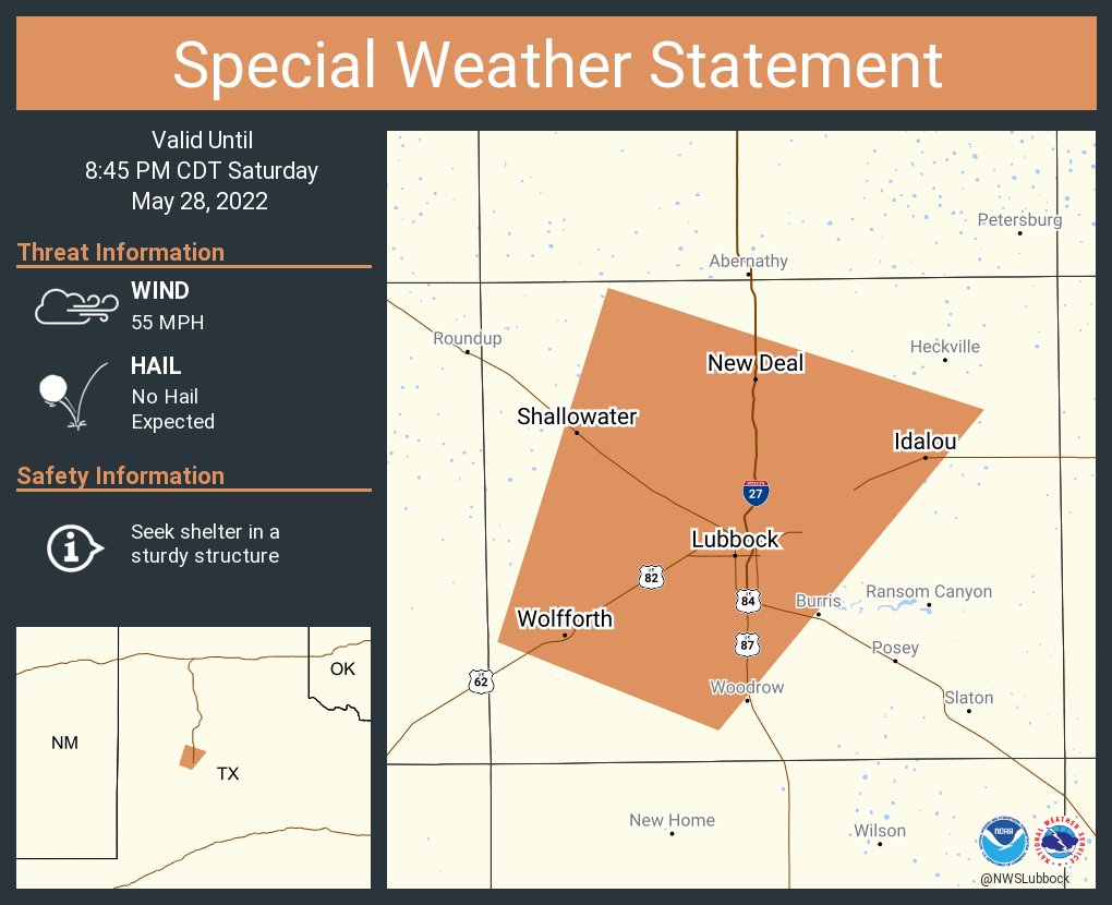 NWSLubbock's tweet photo. A special weather statement has been issued for Lubbock TX, Wolfforth TX and  Shallowater TX until 8:45 PM CDT https://t.co/2uWJnK35Mf