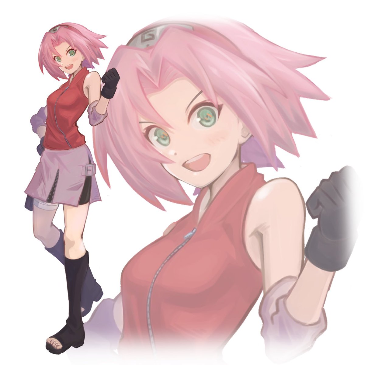 haruno sakura 1girl pink hair gloves green eyes smile black gloves white background  illustration images