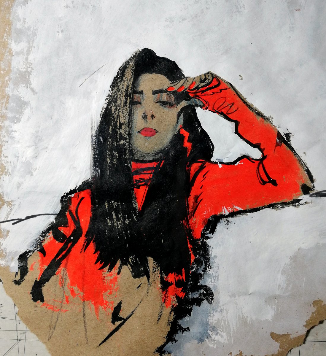 「Red Lady
mixed media and fluorescent red」|Matías Bergaraのイラスト
