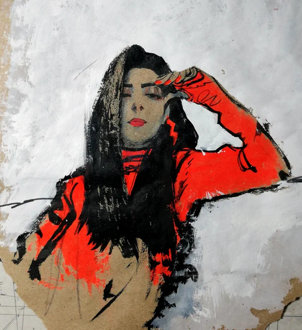 Red Lady
mixed media and fluorescent red paint on envelope paper 