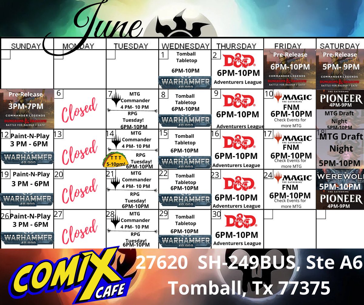 Comixcafetx's tweet photo. Our June Calendar of events is up!! 
#houstontx #texas #tomball #tomballtx #june #comicshop #gaming https://t.co/gcHNoKqEi3