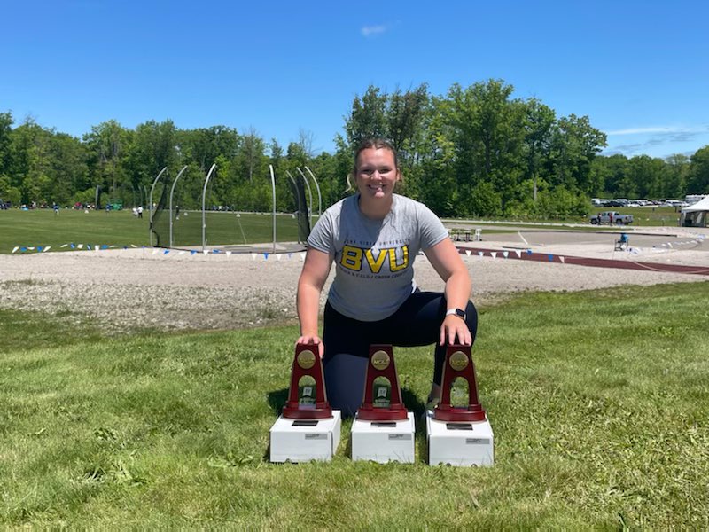 BVUTrackField's tweet photo. Came to Geneva Ohio to claim All American titles! Congrats to Rebecca S. @_simie_16 on her performance! She received All American honors in Javelin,Shot Put, and Hammer. Also breaking the school record in shot! That concludes the 2021-22 Track and Field Season! #Beaverstrong https://t.co/ShJWynni8A