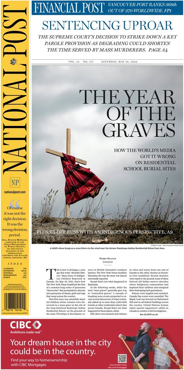 SeanCarleton's tweet image. Least you think the National Post is not responsible for Terry Glavin's misleading column pushing residential school denialism, look what it chose to profile on the front page of the weekend edition. Absolutely repugnant.