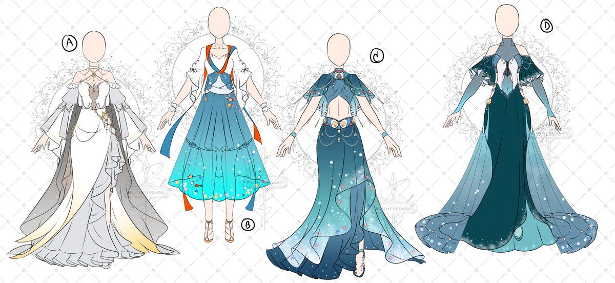 fantasy anime dress design My take on what I did on the Discord Event: Kalisa's dresses design~ I couldn't resist making a similar palette of white and blue and make them easier to draw. Swipe