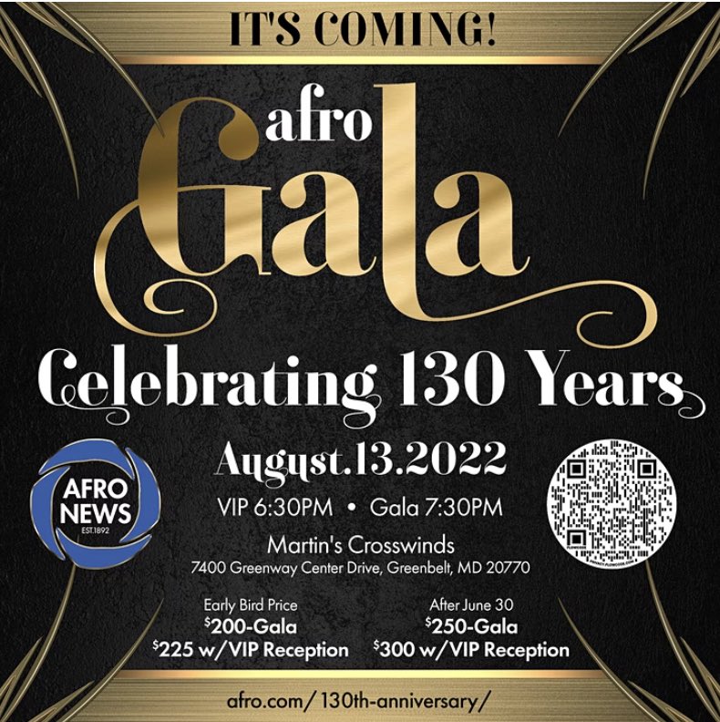afronews's tweet photo. It's coming our 130th Anniversary Gala - August 13th 6:30pm 

Martins Crosswinds, 7400 Greenway Center Drive, Greenbelt, MD. 20770

Tickets on sale now at https://t.co/IgeaSMshP1

#afronews #anniversary #130daysofafro https://t.co/3iC3NUOYGN
