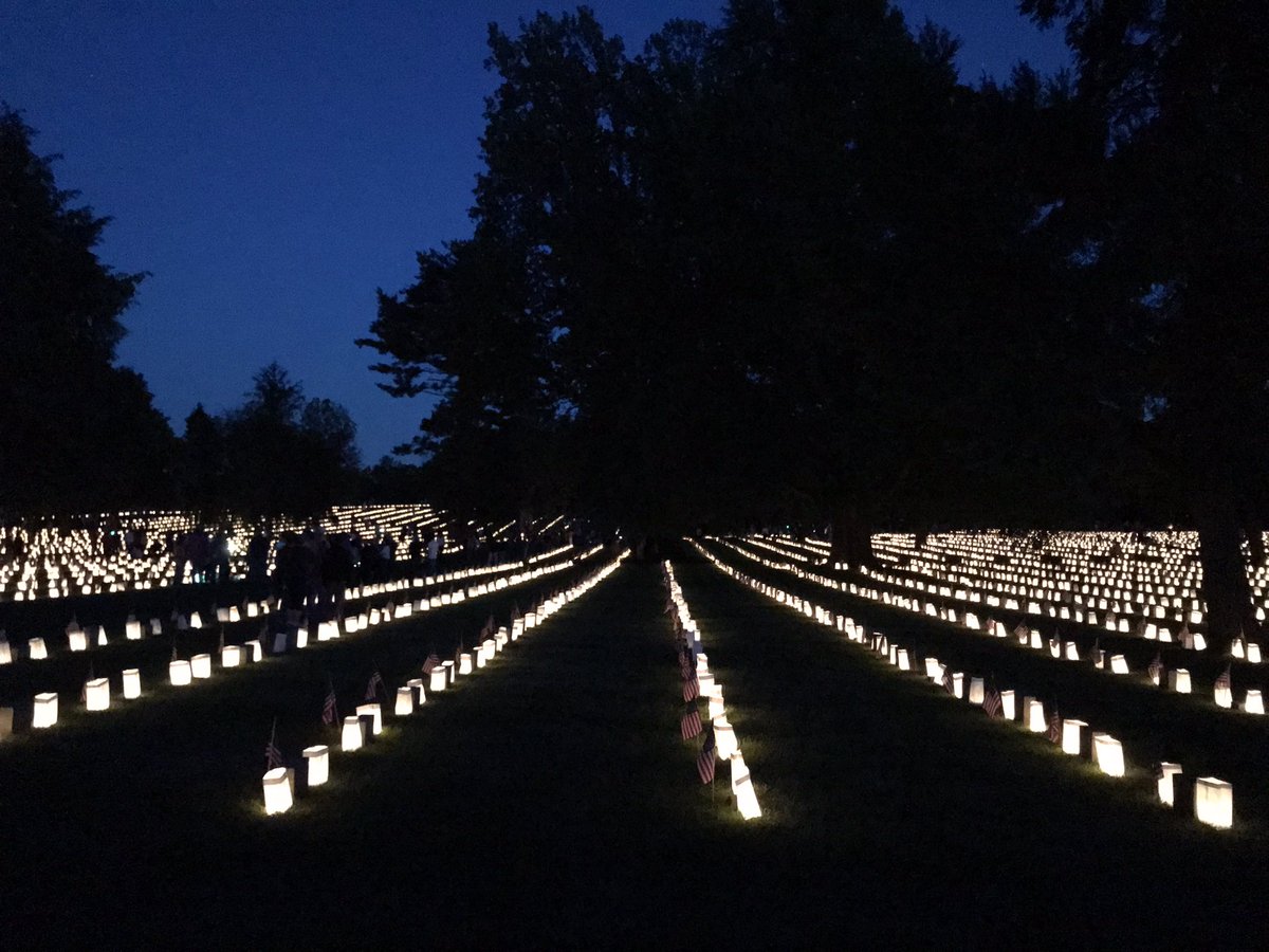 revjoehensley's tweet photo. Memorial Day weekend luminaries at the Fredericksburg National Cemetery tonight. Paying our respects. Taps played every half hour and everyone stops and just listens. https://t.co/5zXXiCzY1l