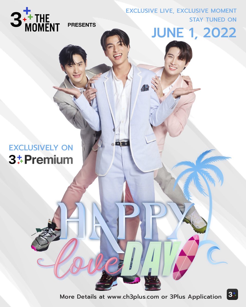 Ch3Thailand's tweet photo. ปล่อยโปสเตอร์รัวๆ เปิดตัวจนครบ 3 หนุ่ม กลัฟ เก้า มีน ที่จะมาร่วมสร้างโมเมนต์ #3PlusHappyLoveDay ในรูปแบบ 🔴 exclusive live streaming สนุกไปด้วยกัน 

📌 ติดตามรายละเอียดวันที่ 1 มิ.ย.นี้ 
การพบเจอของเรามันต้องพิเศษ เคมีคือเดอะเบสท์

#MeanPhiravich #number_9th #GulfKanawut https://t.co/9NsalQJ3z0