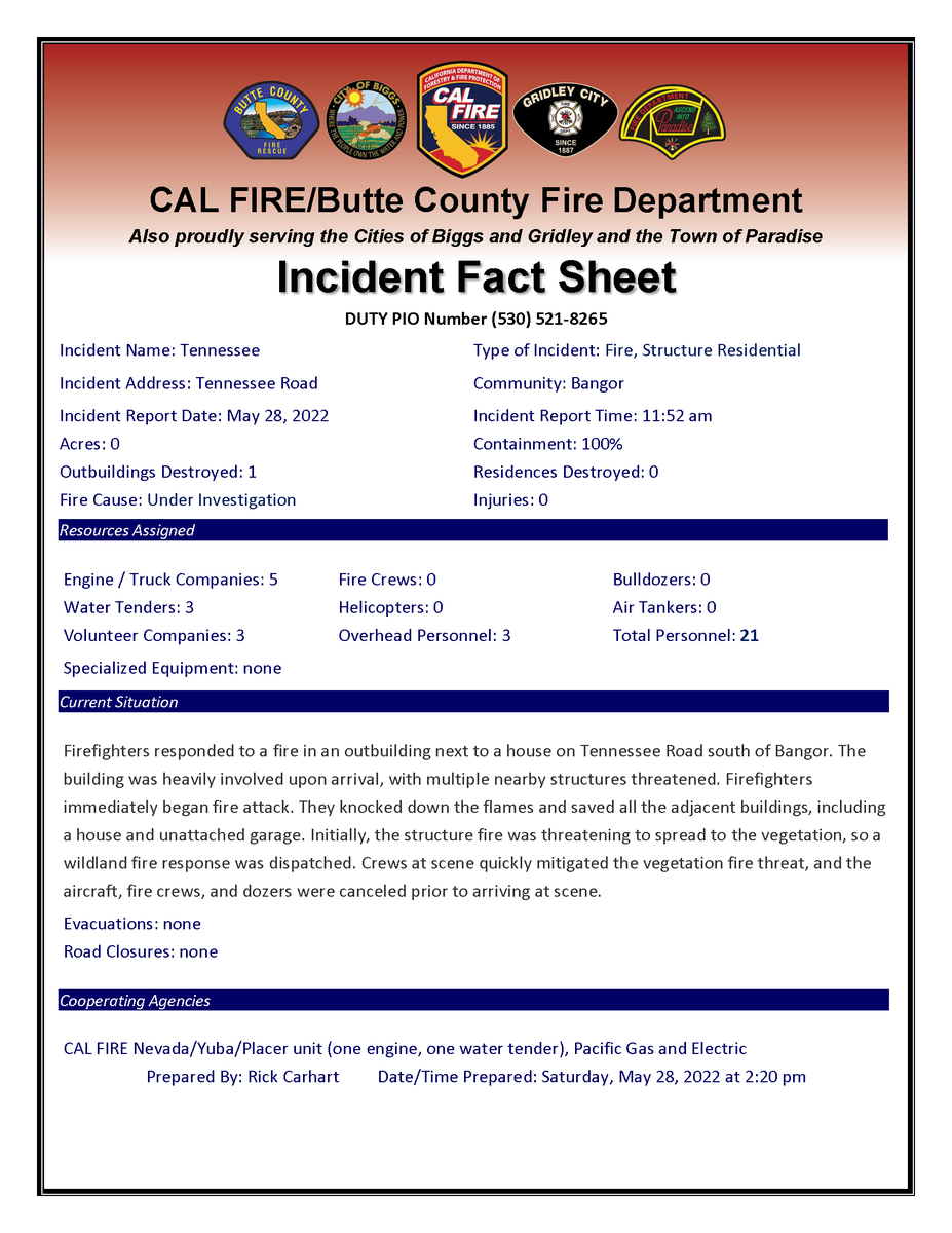 CALFIRE_ButteCo's tweet photo. #TennesseeFire [final] See the fact sheet for information about this afternoon's structure fire in Bangor. https://t.co/j08qywpDTd