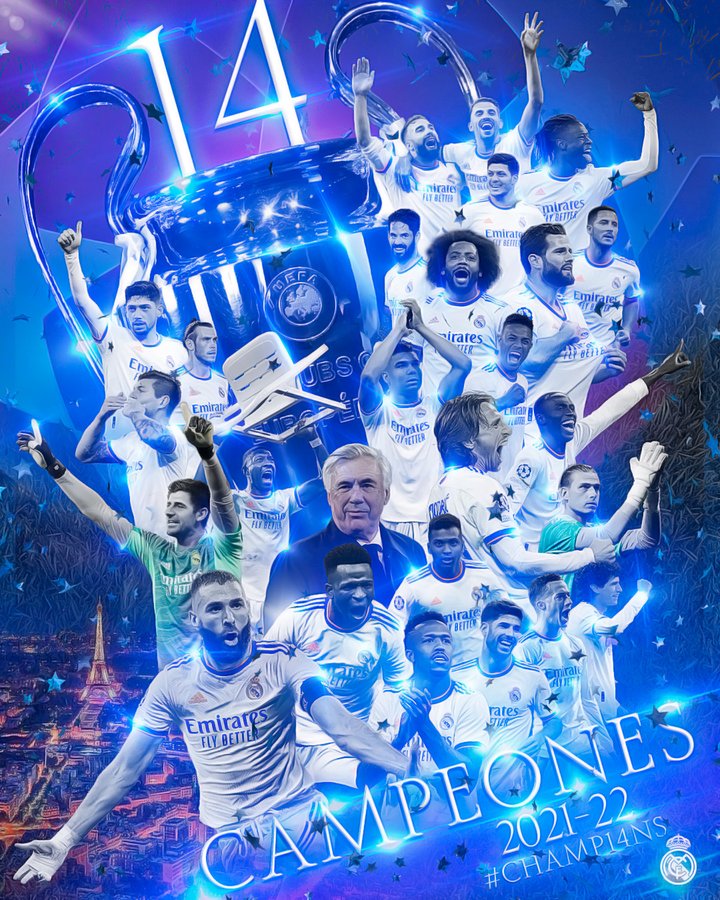 FootballFactly's tweet photo. Real Madrid have now won the Champions League 14 times:

🏆 1956
🏆 1957
🏆 1958
🏆 1959
🏆 1960
🏆 1966
🏆 1998
🏆 2002
🏆 2002
🏆 2014
🏆 2016
🏆 2017
🏆 2018
🏆 2022 https://t.co/q3kTZd54XL