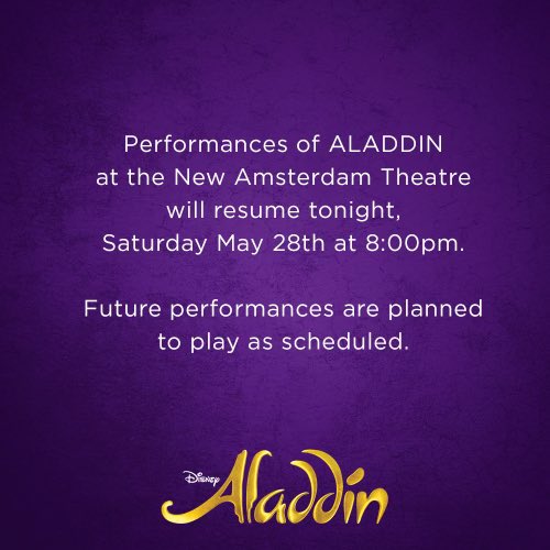 Important information regarding Broadway performances of ALADDIN. Please visit aladdinthemusical.com for the most up to date information and performance schedule.