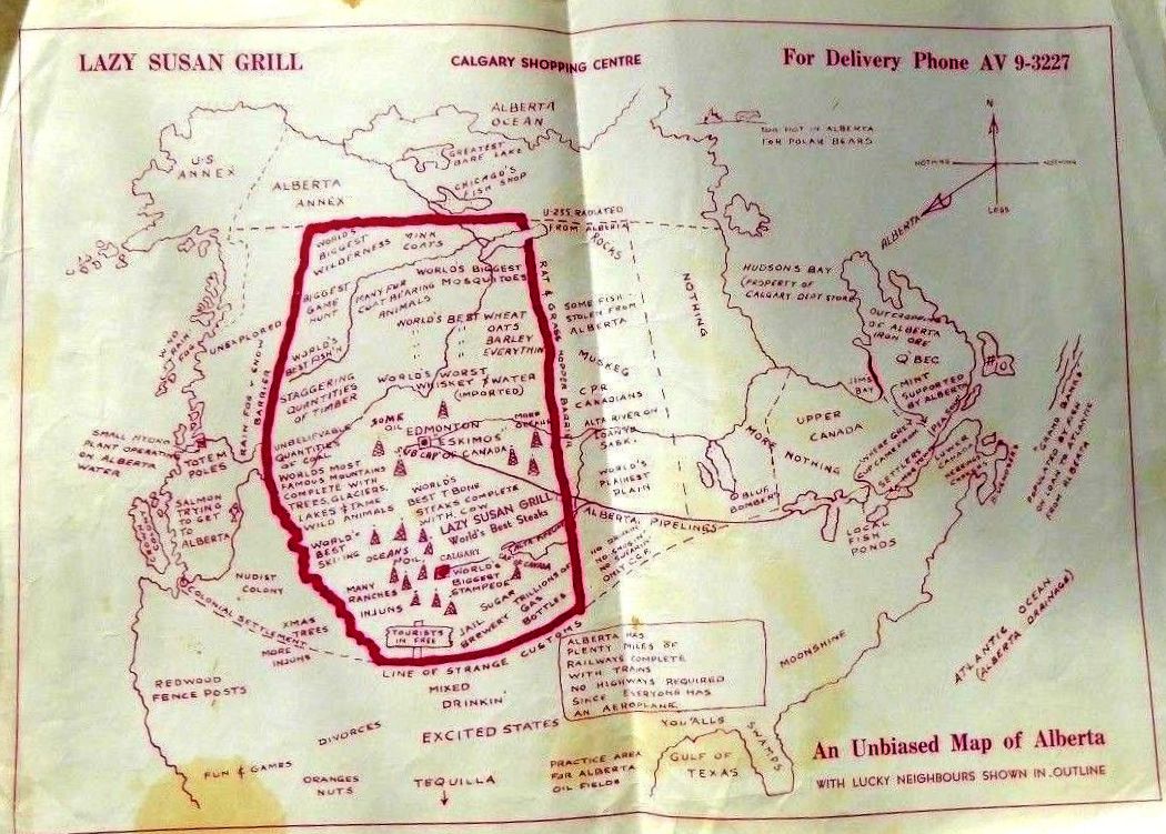 AlanZakrison's tweet image. In 1960, the Lazy Susan Grill in #YYC's new North Hill Shopping Centre issued a souvenir paper placemat.
It was entitled "An Unbiased Map of Alberta" and the province's Lucky Neighbours weren't left out.