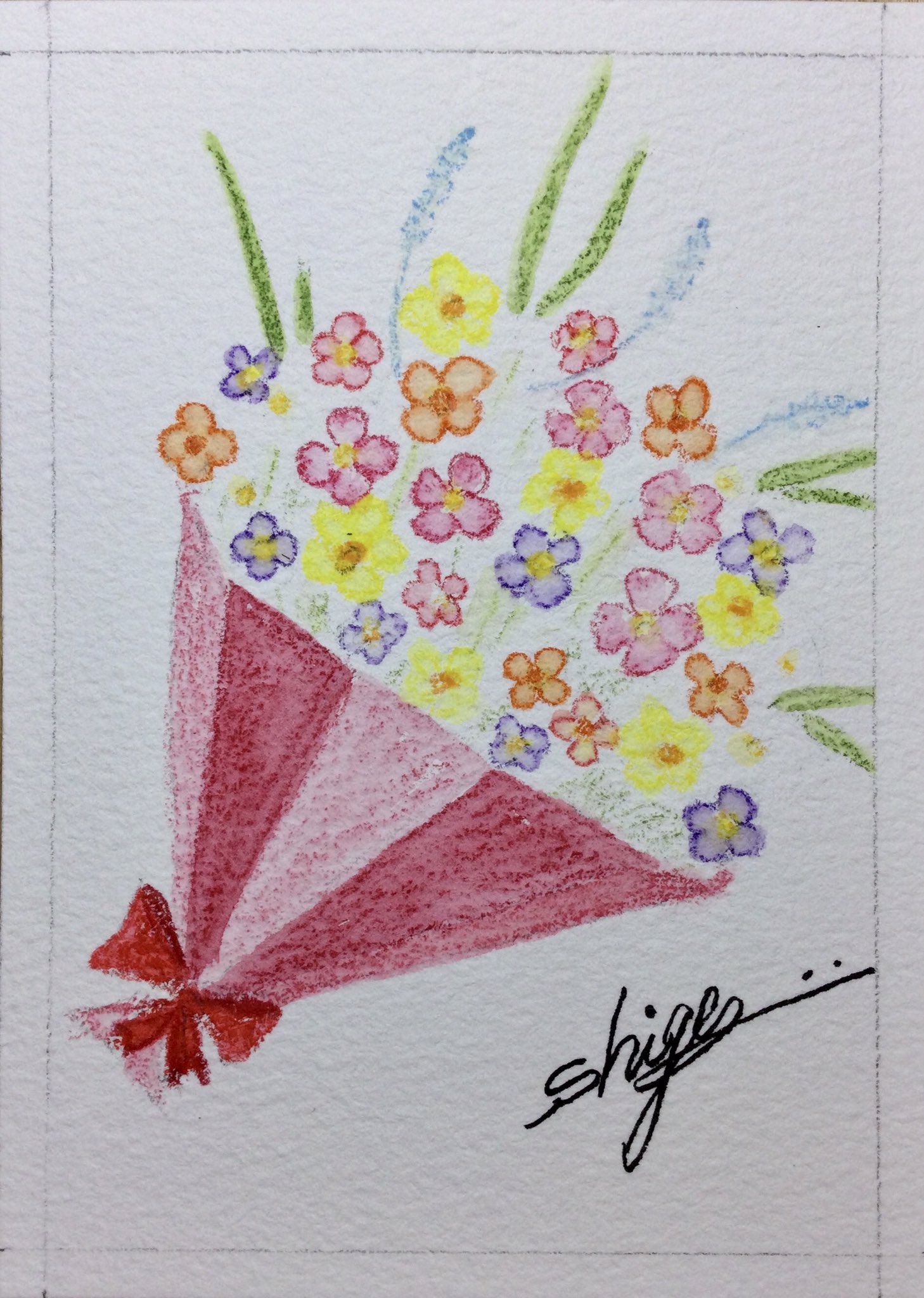 しげ兄 花束を貴方に 今朝は水彩色鉛筆を使って 花束を描いてみました いつも と ありがとう の気持ちを込めて 時々 可愛い花束を送りたいですね 水彩色鉛筆画 イラスト 可愛い花束 絵を描いている人と繋がりたい 絵が好きな人と繋がり