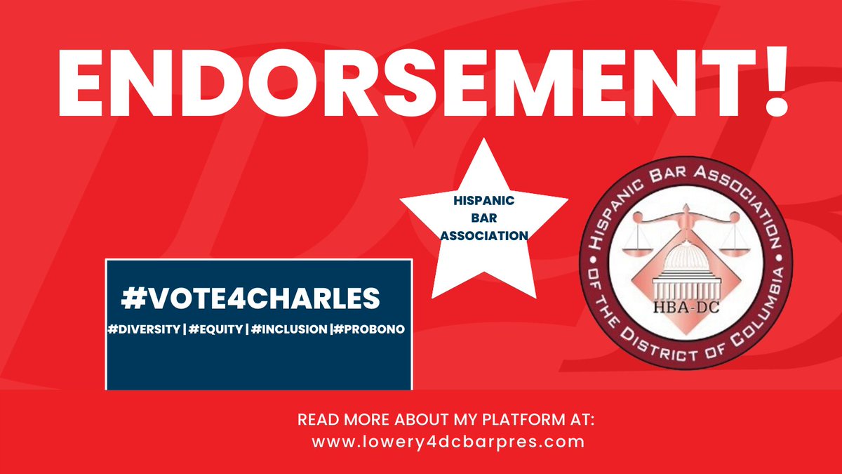 CharlesRLowery1's tweet photo. I want to humbly thank and express my gratitude to the @HBADC  for it's confidence and consideration in giving me their endorsement for @DC_Bar President-Elect. Please vote today! https://t.co/HaoMNJGOXM #vote4charles #DEI #probono #diversity #equity #inclusion https://t.co/B1d7nK5Jhn