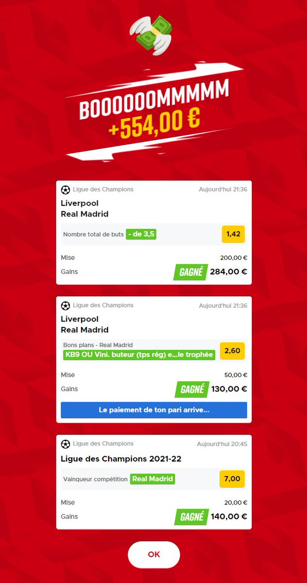 Paul_Ghielmi's tweet image. BINGO ! 😁😁💰💰

💥 Analyse parfaite sur Pronostics.info avec une belle cote de 2,00

💥 Et 2/2 sur Pronostics.vip : -3,5 buts en "pari du jour" (2% de mise)  et Vinicius ou KB9 + victoire du Real en "coup à tenter" (0,5% de mise) 💪💪

#UCLfinal #TeamParieur