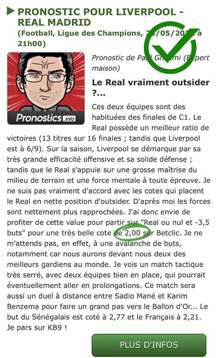 Paul_Ghielmi's tweet image. BINGO ! 😁😁💰💰

💥 Analyse parfaite sur Pronostics.info avec une belle cote de 2,00

💥 Et 2/2 sur Pronostics.vip : -3,5 buts en "pari du jour" (2% de mise)  et Vinicius ou KB9 + victoire du Real en "coup à tenter" (0,5% de mise) 💪💪

#UCLfinal #TeamParieur