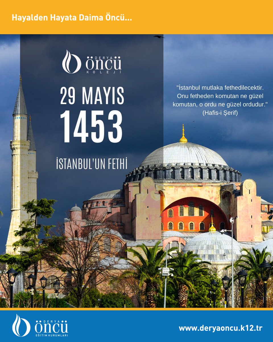 "İstanbul mutlaka fethedilecektir. Onu fetheden komutan ne güzel komutan, o ordu ne güzel ordudur." (Hafis-i Şerif) 

İstanbul'un Fethi'nin 569. yıl dönümünde Fatih Sultan Mehmet Han ve fethin mimarları ile tüm şehitlerimizi saygı, minnet ve rahmetle anıyoruz.
#İstanbul #fetih