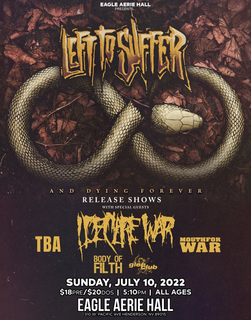 THEJEWISHKING's tweet photo. Sunday July 10th at Eagle Aerie Hall w/ @LefttoSufferUS (EP RELEASE TOUR) / TBA / @ideclarewarband @mouthforwarco / Body Of Filth &amp; @GleeClubHC ! Tickets are $18 each and I Deliver 702-498-4488 or available online at https://t.co/r2CcFK1Cti !! Retweet https://t.co/7ufAITa6KE