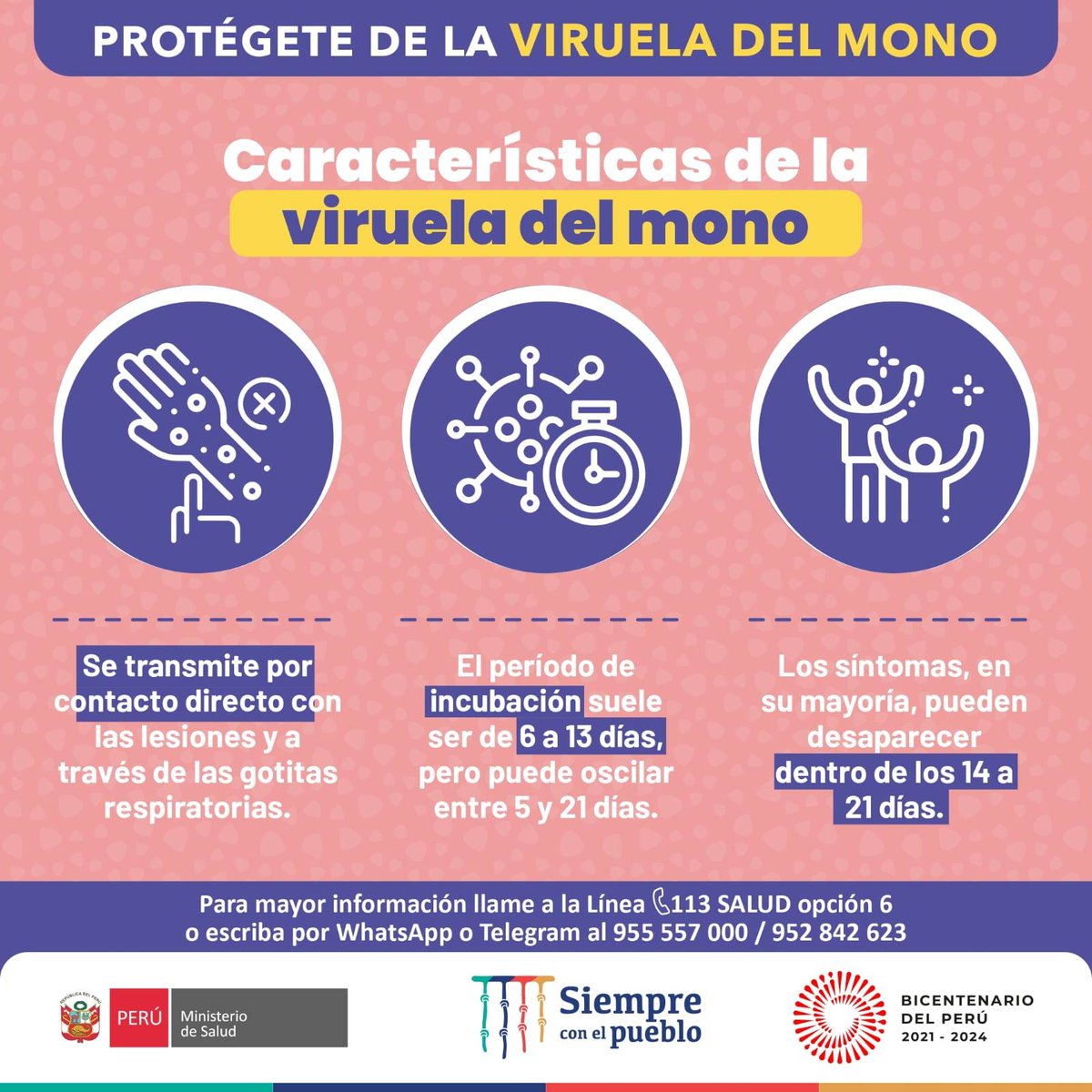 Minsa_Peru's tweet photo. 🤓 Conoce un poco más sobre los síntomas, características y recomendaciones para protegerte contra la viruela del mono. Si necesitas más información puedes llamar gratis a la línea 113 opción 6. 📲 https://t.co/bD7DASwtsv