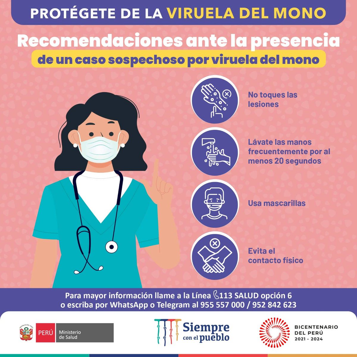 Minsa_Peru's tweet photo. 🤓 Conoce un poco más sobre los síntomas, características y recomendaciones para protegerte contra la viruela del mono. Si necesitas más información puedes llamar gratis a la línea 113 opción 6. 📲 https://t.co/bD7DASwtsv