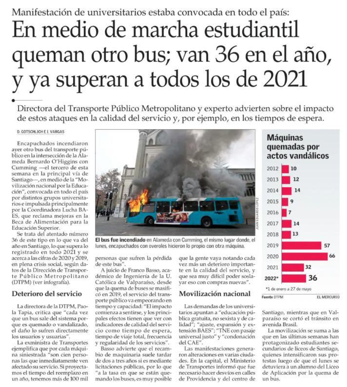 Orrego's tweet photo. Si ya a nadie le parece extraordinariamente grave la quema de buses en plena alameda por parte de violentistas, es que hay otra batalla que ellos empiezan a ganar, la de la resignación ciudadana. Me indigna! https://t.co/vuDAiIdfph