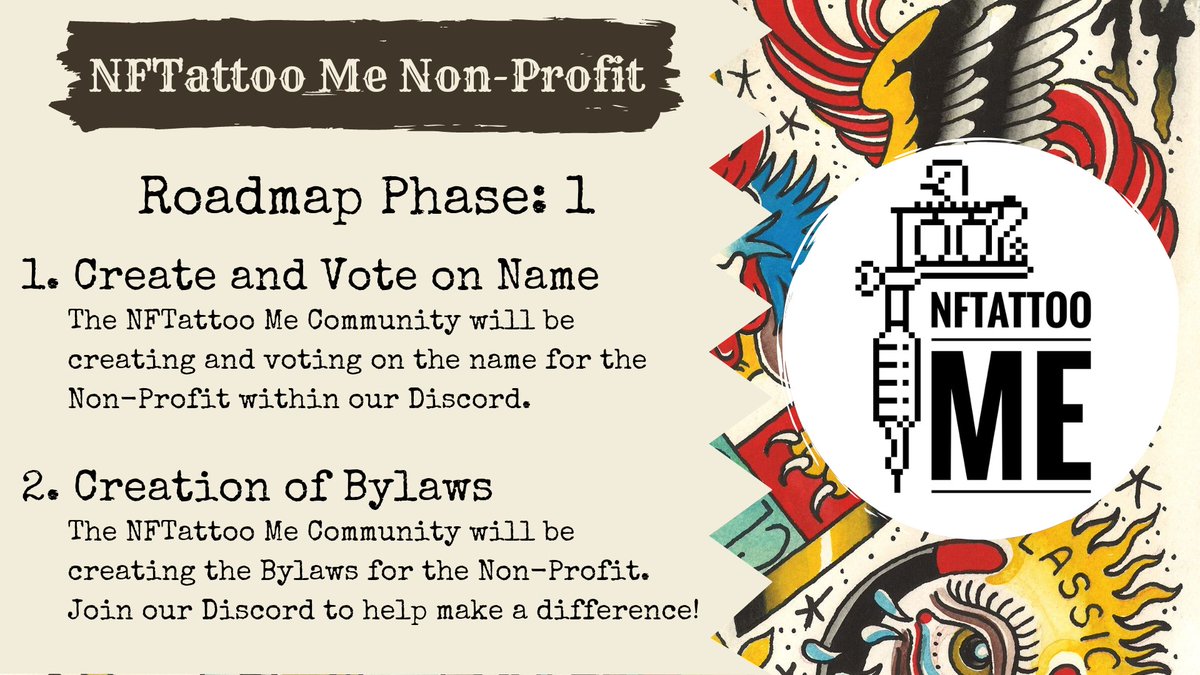 NftattooMe's tweet photo. Join the conversation in our Discord and leave your mark on a national Non-Profit! NFTattoo Me has created the first Community Led Non-Profit and will be pledging a portion of our profits to at risk youth! #NFT #NFTGaming #NFTs #Tattoo #Tattoos #Giveaway
https://t.co/MGEilmQb8L https://t.co/dIdjBga8wn
