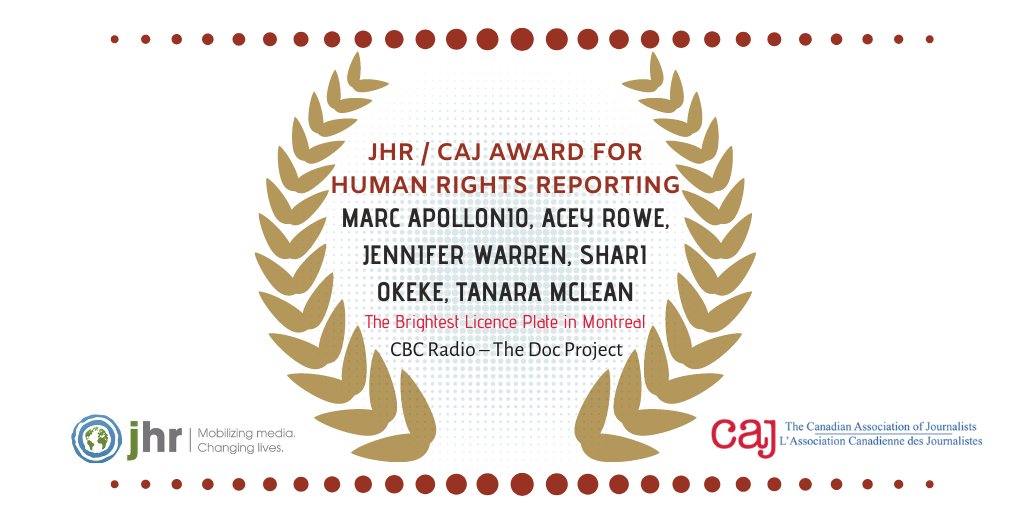 🏆Congratulations to @marcapollonio &amp; co at <a href="/DocProjectCBC/">The Doc Project</a> for winning the <a href="/jhrnews/">Journalists for Human Rights (JHR)</a> + #CAJAwards for Human Rights Reporting for "The Brightest Licence Plate in Montreal" cbc.ca/listen/live-ra…