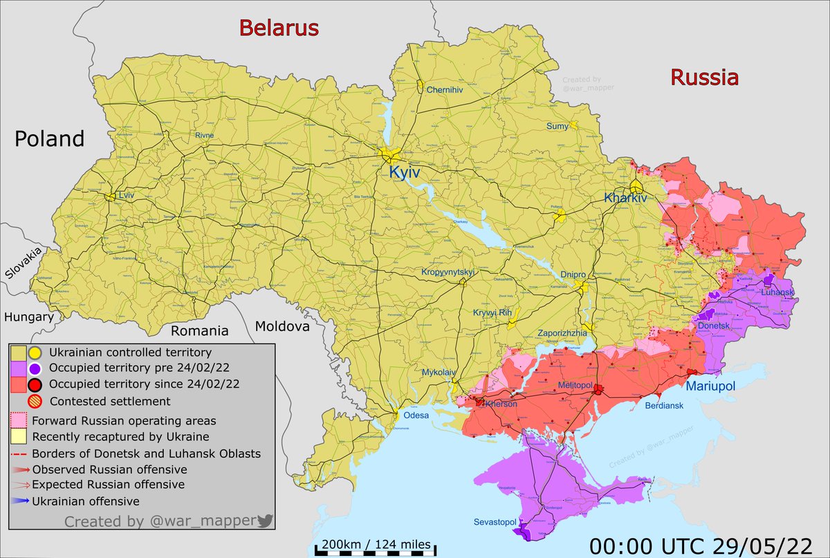 Карта боевых действий: Карта боевых действий в Украине. 29 мая 2022 год. Северодонецк, Лисичанск, Бахмут