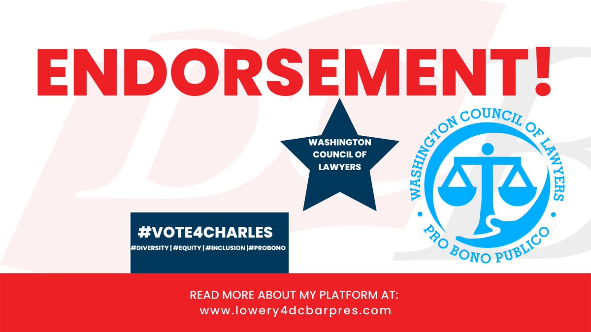 CharlesRLowery1's tweet photo. I want to humbly thank and express my gratitude to the @WashLawyers for it's confidence and consideration in giving me their endorsement for @DC_Bar President-Elect. Please vote today! https://t.co/HaoMNJYpPk #vote4charles #DEI #probono #diversity #equity #inclusion https://t.co/dK0iy2p79b
