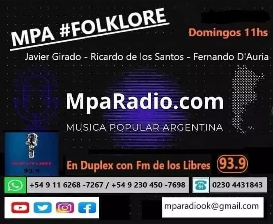 MpaRadio's tweet photo. Mañana Domingo 11hs 
Escucha  
MPA #FOLKLORE   https://t.co/rOVig0GDDb
En dúplex con Fm de los Libres 93.9
Participa y Gana!
1Planta Vivero Villa Verde
1Baño de Crema + Manos
1Corte de Cristian B
1Regalo Casa Ventura
1Planta Vivero Lomas de Manzanares
1Regalo de R&amp;M Servicios https://t.co/xdKIOiL6L0