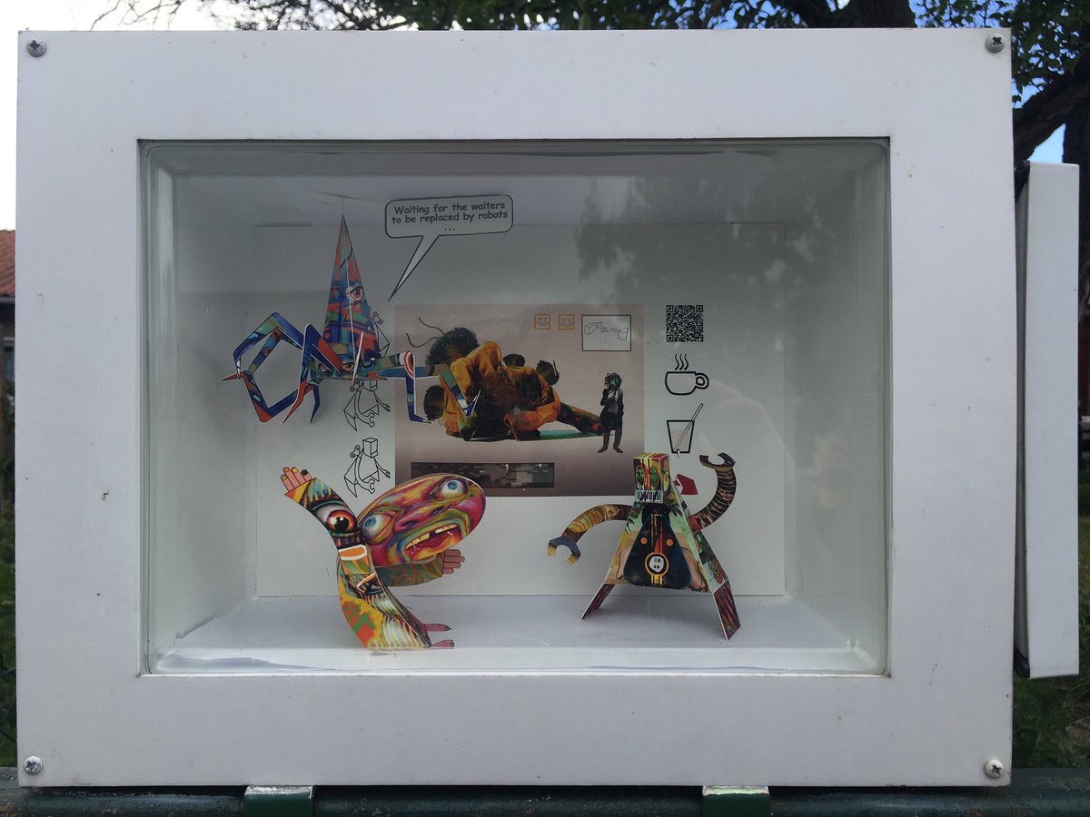 mlibty's tweet photo. One fast before going to sleep, from today’s crazy Berlin weather exhibition @dadacreeps   Papertoy scene with @KnownOrigin_io NFT (as AR on @eyejackapp): Waiting for the waiters to be replaced by the robots https://t.co/goytcRG6mt