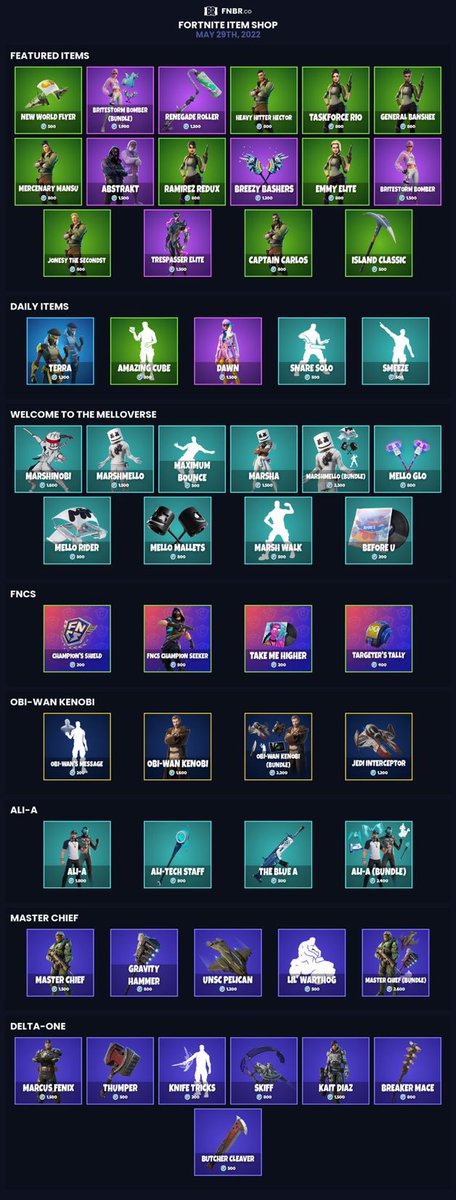 LeaksNewsShop's tweet photo. #Fortnite Item Shop for May 29th 2022 https://t.co/QY8lPr5zTm