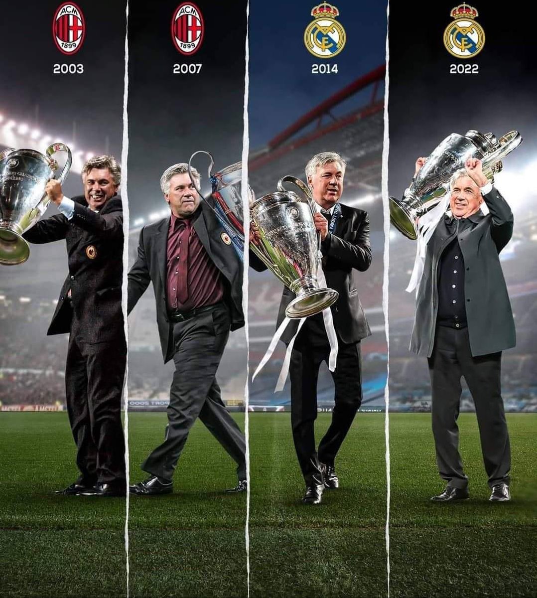 🏆 2002/03 AC Milan 🏆 2006/07 AC Milan 🏆 2013/14 Real Madrid 🏆 2021/22  Real Madrid El primer entrenador en ganar cuatro Champions League. Carlo  Ancelotti. 👑 #UCLfinal, image size:1078x1200