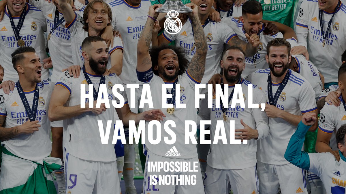 adidas_ES's tweet photo. HASTA EL FINAL, VAMOS REAL. @realmadrid se coronan reyes de Europa por 14º vez. ¡CAMPEONES! @championsleague #ImpossibleIsNothing https://t.co/ecyFmPNtuV
