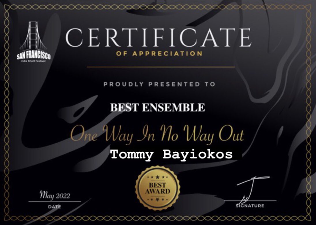 TommyBayiokos's tweet photo. We won! - Best short film at San Francisco Indie Film Festival. Congrats to my fabulous cast ensemble mates….🥂🎬#AwardWinner #BestIndieFilm #FilmFestival #OneWayInNoWayOut https://t.co/1B697EvIX1