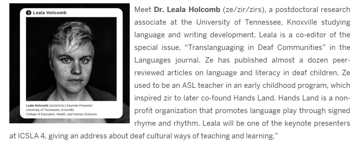 NTIDplaylab's tweet photo. We are looking forward to the amazing line up of presenters at ICSLA 4. 
@LealaHolcomb will be giving an address about deaf cultural ways of teaching and learning. https://t.co/dLFu28pqGU