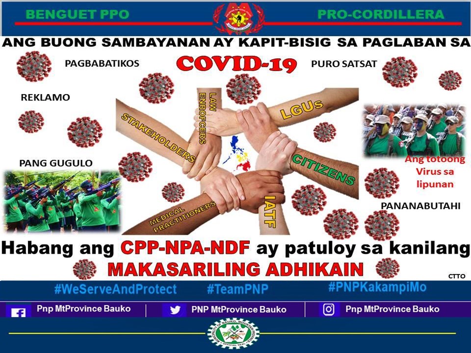 PNPBauko1's tweet photo. Ang buong sambayanan 
ay kapit-bisig sa paglaban
sa COVID19, habang ang
CPP/NPA/NDF ay patuloy 
sa kanilang makasarining adhikain
#PulisAtKomunidad
#FakeRevolutionPureDeception
#StopTerrorism https://t.co/7RvXAHt5o7