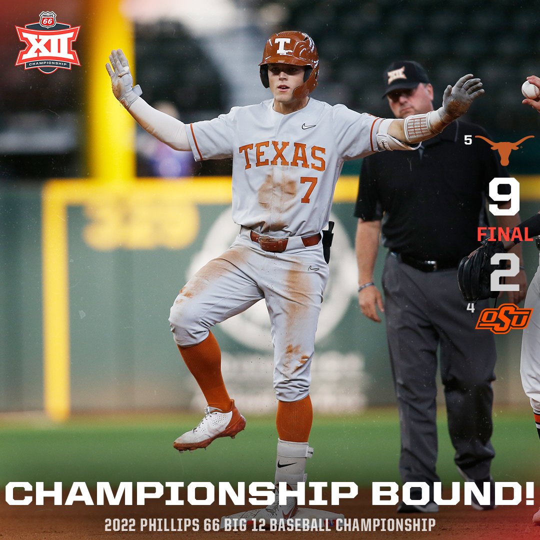 Big12Conference's tweet photo. 𝘾𝙝𝙖𝙢𝙥𝙞𝙤𝙣𝙨𝙝𝙞𝙥 𝘽𝙤𝙪𝙣𝙙! ⚾️

No. 5 @TexasBaseball will play No. 3 Oklahoma on Sunday at 5 PM CT 🏆

#Big12BSB x @Phillips66Gas https://t.co/rxXCsG1QFk