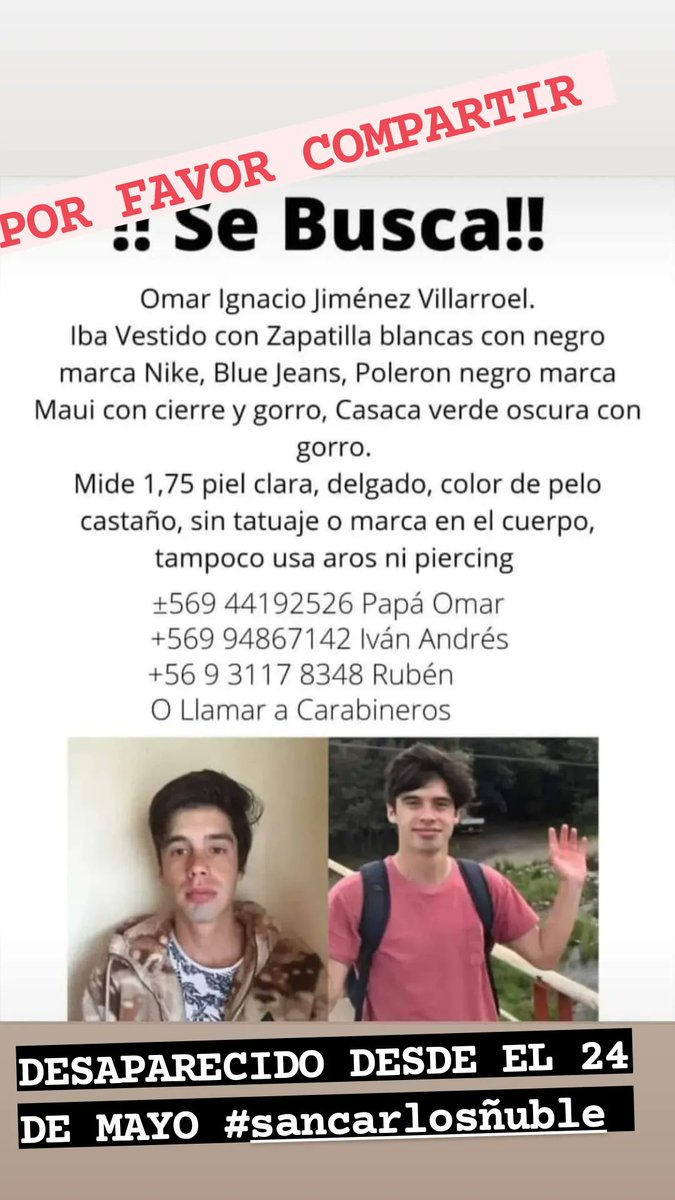 masimedina's tweet photo. @Mega @TVN @CHVNoticias @CNNChile @canal13  difundir #desaparecido #sancarlosñuble https://t.co/GL16WyRiOC