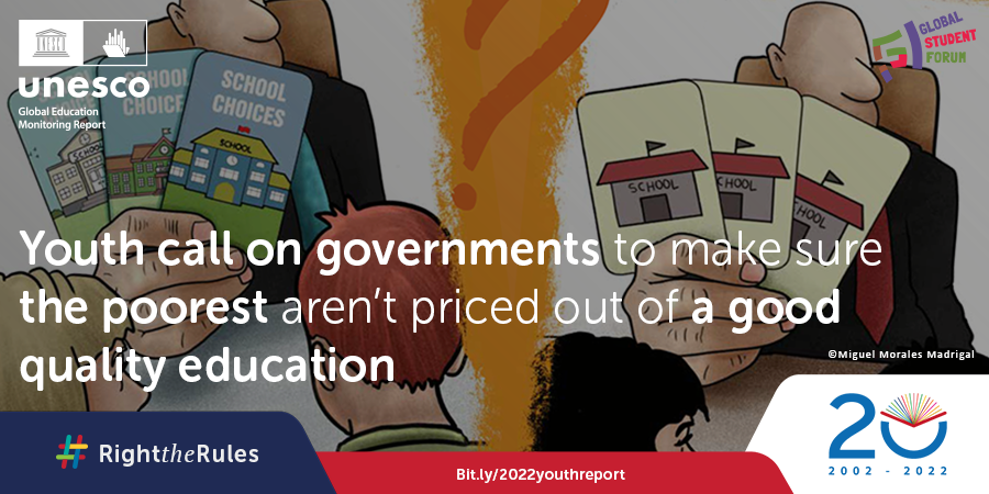 UNESCO's tweet photo. Public education is not free for everyone. In low- and middle-income countries, 1 in 6 families have to save to pay for school.

The new @GlobalStuForum and @GEMReport youth report reveals why public education is still not inclusive: https://t.co/9itJlDsu24 #RightTheRules https://t.co/JMXZJj2F21