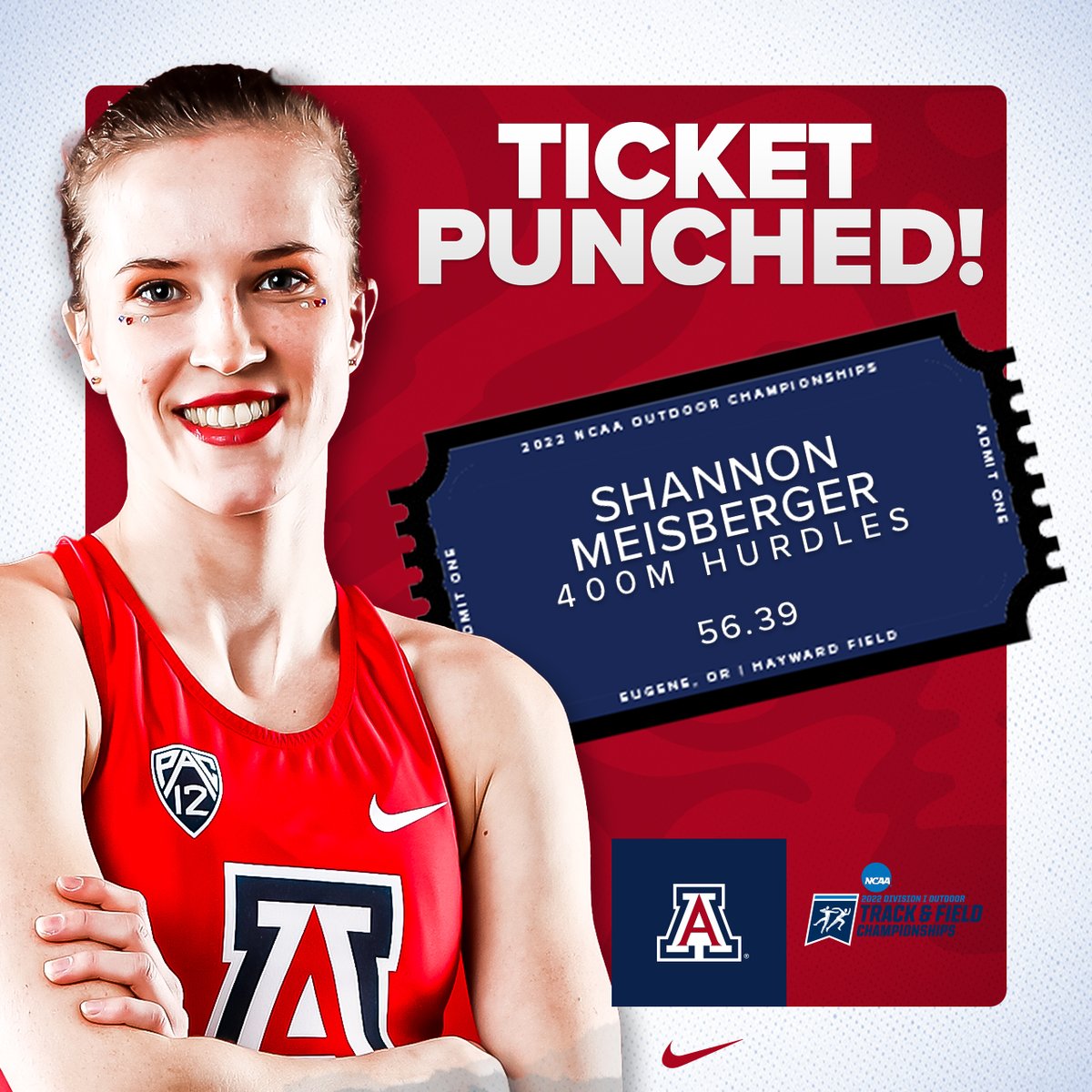 ArizonaTrack's tweet photo. 🎟️ MEISBERGER MAKES IT TO NATIONALS!

Shannon Meisberger's time of 56.39 easily won her heat of the 400m hurdles and advanced to the NCAA Championships in Eugene.

#BearDown | #BeLezoLike https://t.co/nezoxqdWtF