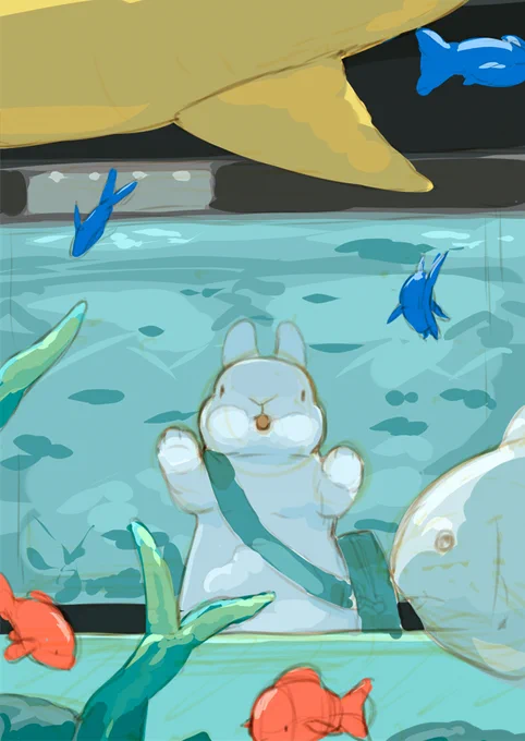 うさぎと水族館行くラフ 