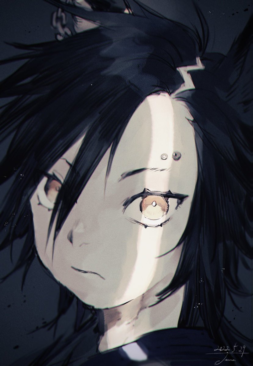 1girl solo piercing eyebrow piercing animal ears black hair looking at viewer  illustration images