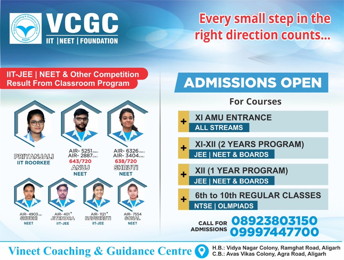 VCGC_Aligarh's tweet photo. Hello aspirants!
Every small step in the right direction counts. VCGC has created a successful pathway on which students are creating history since last 15 years. VCGC has always been the best choice for sincere aspirants. https://t.co/oZ6sucBj6m