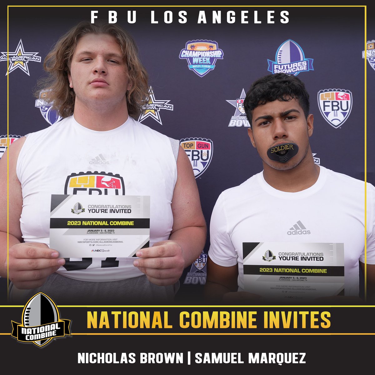 FBUcamp's tweet photo. THE GOLDEN TICKET 🎫

Congratulations to these FBU Camp Los Angeles Student athletes on punching their tickets to the Alamodome for the National Combine at the @aabonnbc ✅

#FBU #GetBetterHere https://t.co/8N5ceVN3Sm