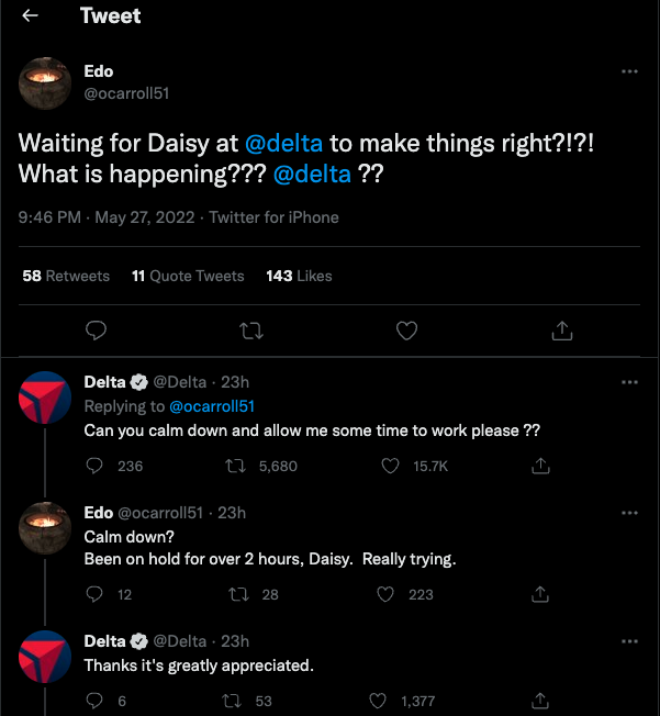 Nice, <a href="/Delta/">Delta</a>. "please"😂 Hope rep doesn't get more than a talking to. What rep is trying is a hard/infrequent remedy they can't authorize &amp; are likely on hold too for a judgment call &amp; doing best they can. I'm ok they let customer know it &amp; also understand customer's frustration.