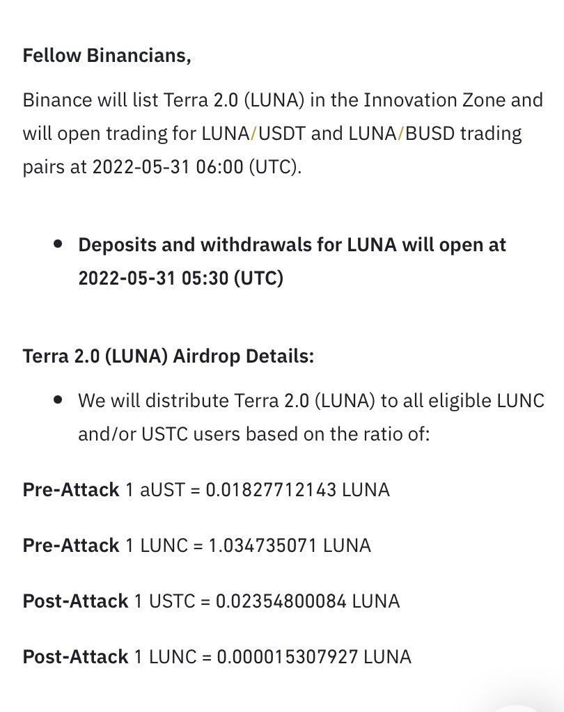 Jimbeam1963's tweet photo. Binance Luna air drop, what a joke changing the goal posts , so 30,000 post attack coins , is worth  .4523 of one Luna . Even if at the very bottom 100 mil coins , at $200 you get like $2.50 airdrop . https://t.co/Yxd9ol3a6s
